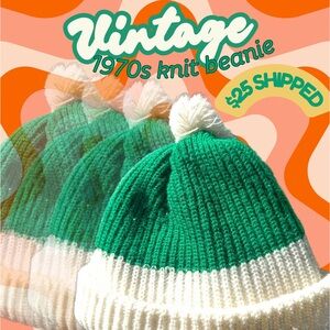 Vintage 1970s thick rag knit green and white beanie